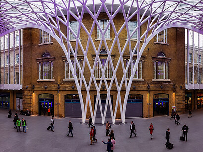 Panorama overlooking the new western concourse of King’s Cross railway station in London, one of the city’s major examples of modern architectural redevelopment