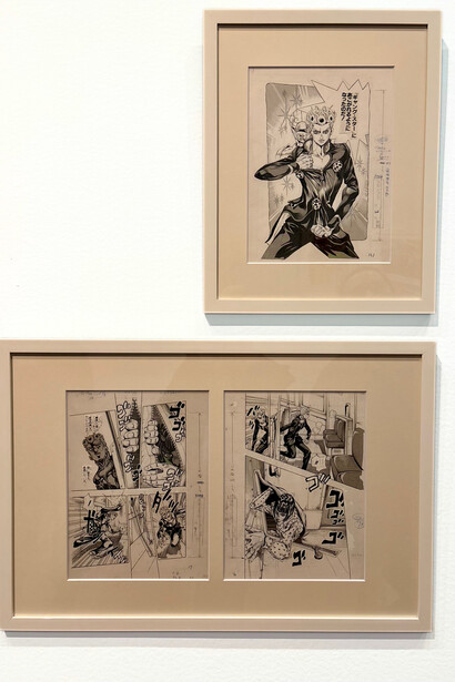 Three black-and-white manga panels by Hirohiko Araki from JoJo’s Bizarre Adventure, including Giorno Giovanna and Bruno Bucciarati. Photo: © İdil Burkutoğlu