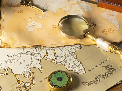 A table adorned with pirate artifacts, an old map, an ornate pipe, and a vintage magnifying glass, encapsulates the spirit of maritime adventure