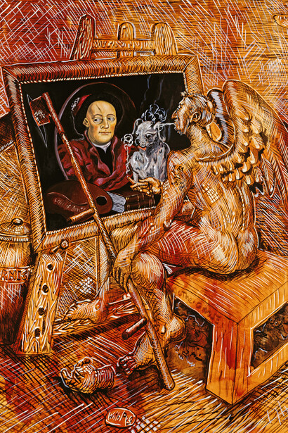 Jörg Immendorff, The Comic Muse with Pug, 1995, Huile sur toile, diptyque 250 x 220 cm, chacun, Photo: Lothar Schnepf, Cologne © Collection privée