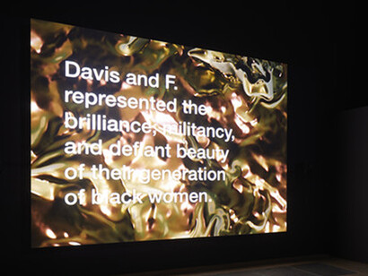 Installation view of Tony Cokes, The Queen is Dead: Fragment 2, 2019 at Goldsmiths CCA. Courtesy the artist, Greene Naftali, New York, US and Hannah Hoffman, Los Angeles, US. Photographer Andy Stagg