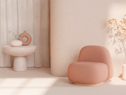 Minimalist beige 3D room decor accentuated by sculptural furniture, contemporary design, and functional artistic pieces