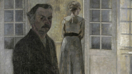 Vilhelm Hammershøi; Doble retrato del artista y su mujer vistos a través de un espejo, 1911