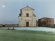 Luigi Ghirri, Cittanova di Modena chiesa sulla via Emilia, 1986, Series: da Paesaggio italiano (1980-1989) Vintage C-print 32 x 47 cm