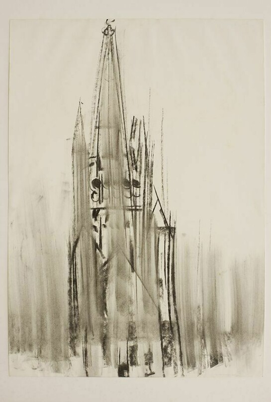 Dennis Creffield, Norwich Cathedral: South Transept and Spire, 1988-90, Charcoal on paper, Pallant House Gallery (Wilson Gift through The Art Fund), © Dennis Creffield