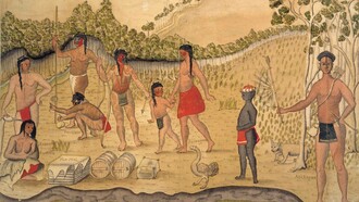 Schizzo ad acquerello di otto nativi americani di varie tribù e un ragazzo di origine africana nel 1735. I francesi affrontarono la reticenza culturale dei nativi americani e per compensare importarono africani per la manodopera. Realizzato dall'artista francese Alexander de Batz (1685-1759)