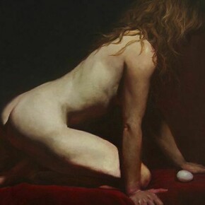 Zack Zdrale, Woman With Egg", oil on panel, 24 x 24 inches, 2013