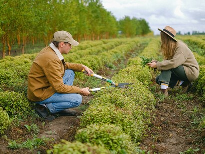 A couple working on an organic plantation in the countryside, representing agriculture and agronomy among bush vegetation