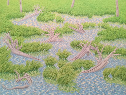 Alan Bray. Pond Margin, 2010, casein tempera on panel, 17.75x22in