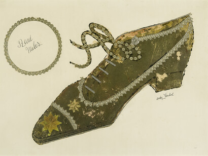 Andy Warhol, Gold Shoe (Read Miles), about 1953, Hand-colored blotted ink drawing with gold leaf, collage and ink on paper, 13 7/8 x 18 3/4 in. © 2014 The Andy Warhol Foundation for the Visual Arts, Inc. / Artists Rights Society (ARS), New York