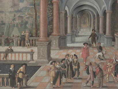 Festive Gathering and Figures from a Commedia dell'Arte in a Gallery, Monogrammist DB schilder
