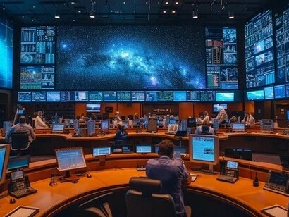 Mission control room where humans collaborate with AI systems