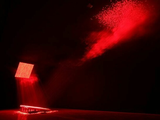 Li Hui, V, 2009, Stainless steel, mirror, laser, fog machine, 590 3/16 x 196 5/16 x 275 3/16 inches, Edition of 3. Image courtesy of the artist and RH Contemporary Art