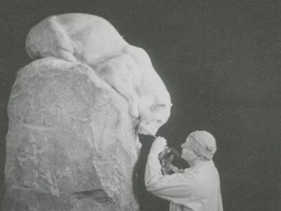 Photo from Sculpture in Stone (detail), a 1930 film produced by the Museum of Fine Arts, Boston and featuring Anna Hyatt Huntington. Anna Hyatt Huntington Papers, Special Collections Research Center, Syracuse University Libraries.