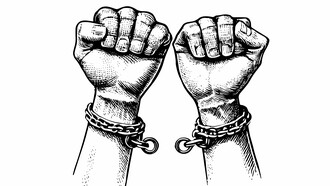 Broken shackles on raised wrists represent liberation and the triumph of the human spirit in the pursuit of freedom