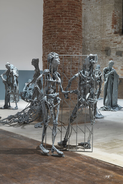 Paweł Althamer, Venetians, 2013, plastic and plaster on metal construction, installation of 90 parts, dimensions variable. Installation view: “The Encyclopedic Palace,” 55th International Art Exhibition, Venice Biennale, 2013. Photo by Jens Ziehe, courtesy neugerriemschneider, Berlin, and Foksal Gallery Foundation, Warsaw