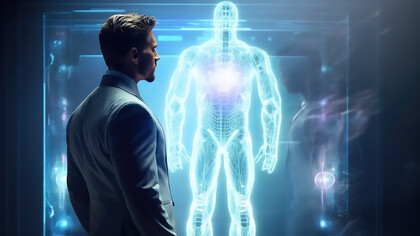 Doctor analyzing human body structure, DNA, bones, and cells on screen, generated by AI
