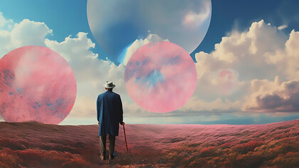 Surreal sky and a man with a stick in his hand