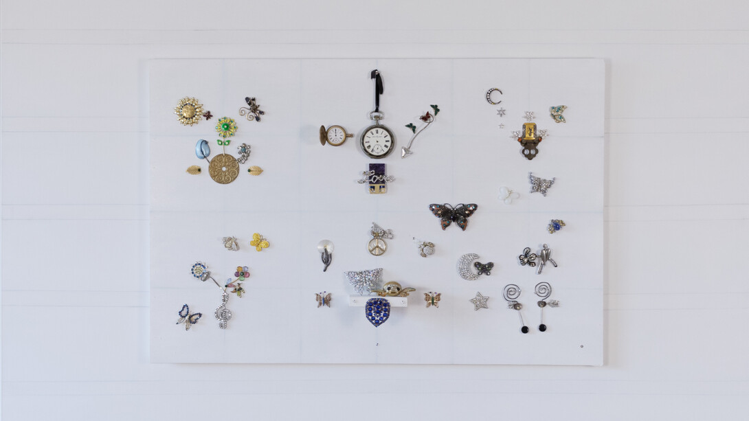Mague Brewer, We All Need Love and Attention, metal, wood and Swarovski stones on canvas, 48x60 inches. Courtesy of the artist and Kate Oh Gallery