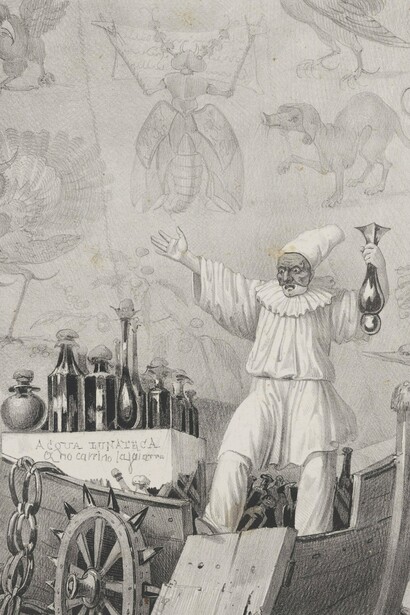 "Regreso de Pulcinella desde la Luna", litografía de Salvatore Fergola inspirada en el gran engaño de la Luna de 1835