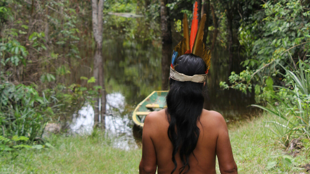 Mulher indígena de origem Guarani caminha no interior de uma mata na fronteira entre Brasil e Paraguay