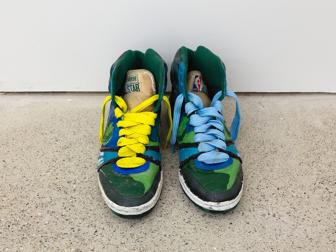 John Olson, 
Untitled, 2013,
Acrylic paint on used athletic shoes,
15.24 x 30.48 x 12.7 cm
(in. 6 x12 x5 )