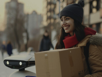 An adult person engaging with a futuristic delivery robot