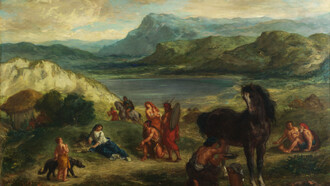Eugène Delacroix (1798–1863) Ovidio entre los escitas, 1859. Óleo sobre lienzo, The National Gallery, Londres, Inglaterra. Los escitas han siempre sido añorados por los hombres por su arte guerreto
