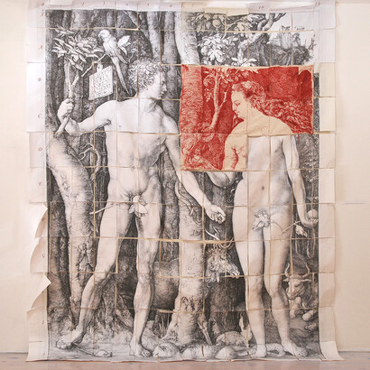 Vassiliki Lefkaditi, Red thread on kaboto (detail), prints on paper, 330 x 260 cm. Courtesy of the artist and The Blender Gallery