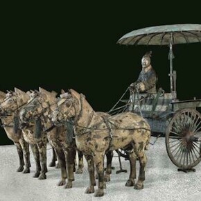Chariot Model (Modern Replica after Qin Originals), Qin dynasty (221–206 B.C.). Bronze with pigments, H. 59 in. (150 cm). Photo: Courtesy Qin Shihuangdi Mausoleum Site Museum, Lintong