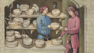 Ilustración recuperada del manuscrito Tacuinum Sanitatis (entre 1445 y 1451) sobre el “caseus vetus”, literalmente el “queso viejo” (detalle)