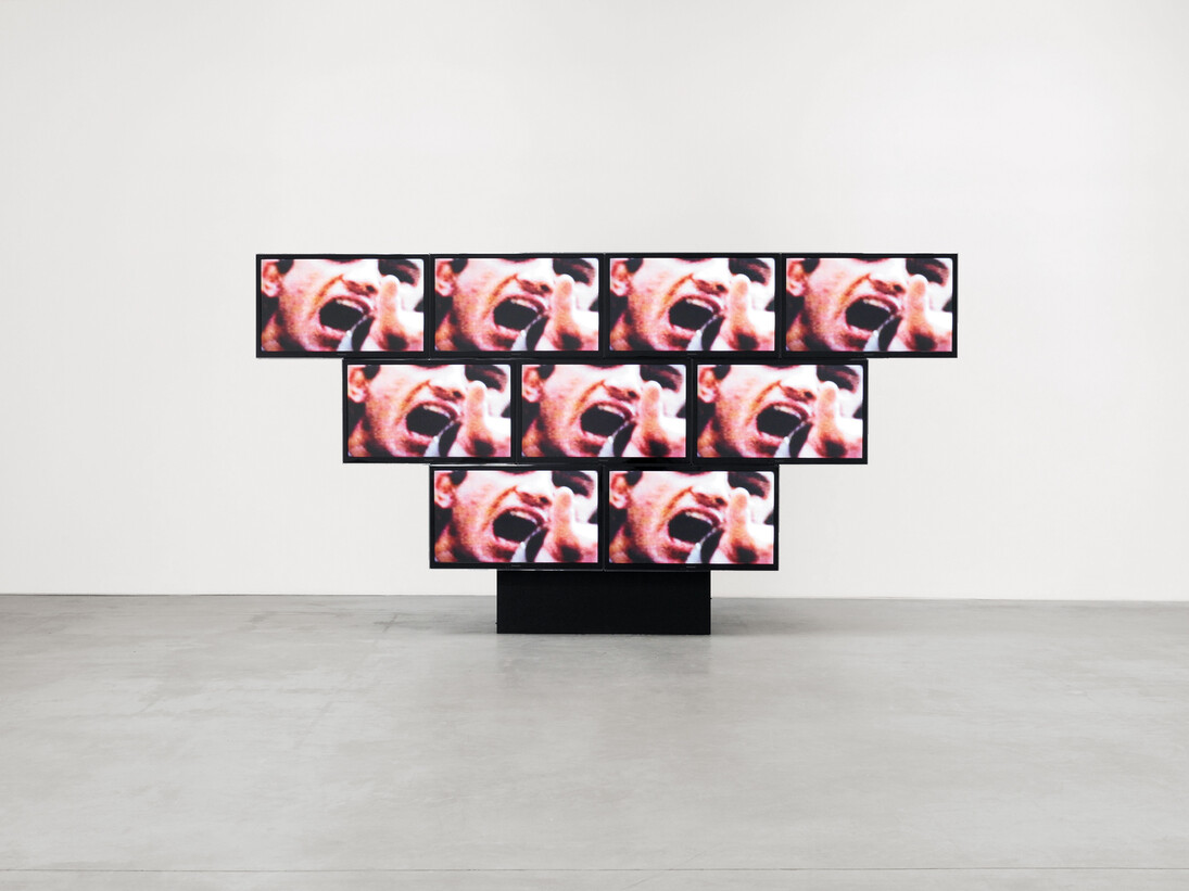 Sturtevant. Elastic Tango. 2010. Nine-channel video installation. 87 3/8 x 158 x 27 in. (221.9 x 401.3 x 68.6 cm); video: color, sound, 11 min., 2 sec. Private collection, Switzerland. Courtesy Gavin Brown’s enterprise. Photo: Thomas Mueller. © Estate Sturtevant, Paris