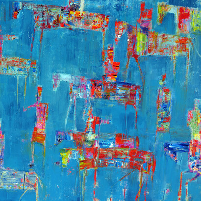 Reza Derakshani, Blue Hunting, 2015, oil on canvas, 152 x 183 cm,  courtesy of the artist and Sophia Contemporary Gallery