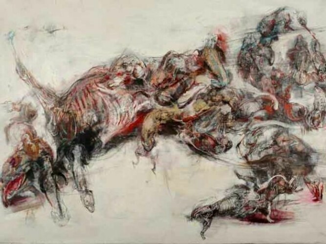 Lanfranco Quadrio, Agony of Actaeon - the pack 2013, Oil graphite pen pencil on canvas, 150 x 280cm