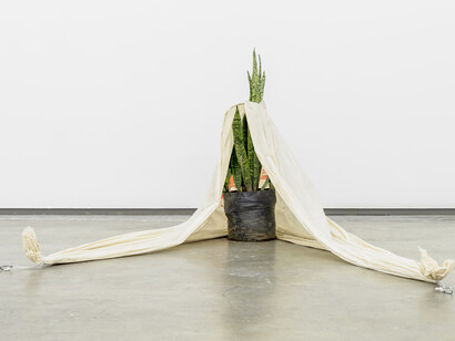 Adrien Missika, Wabi-sabi, 2015. Nylon, hilo, mosquetones de acero, arena negro, piedra Recinto. Dimensiones variables.