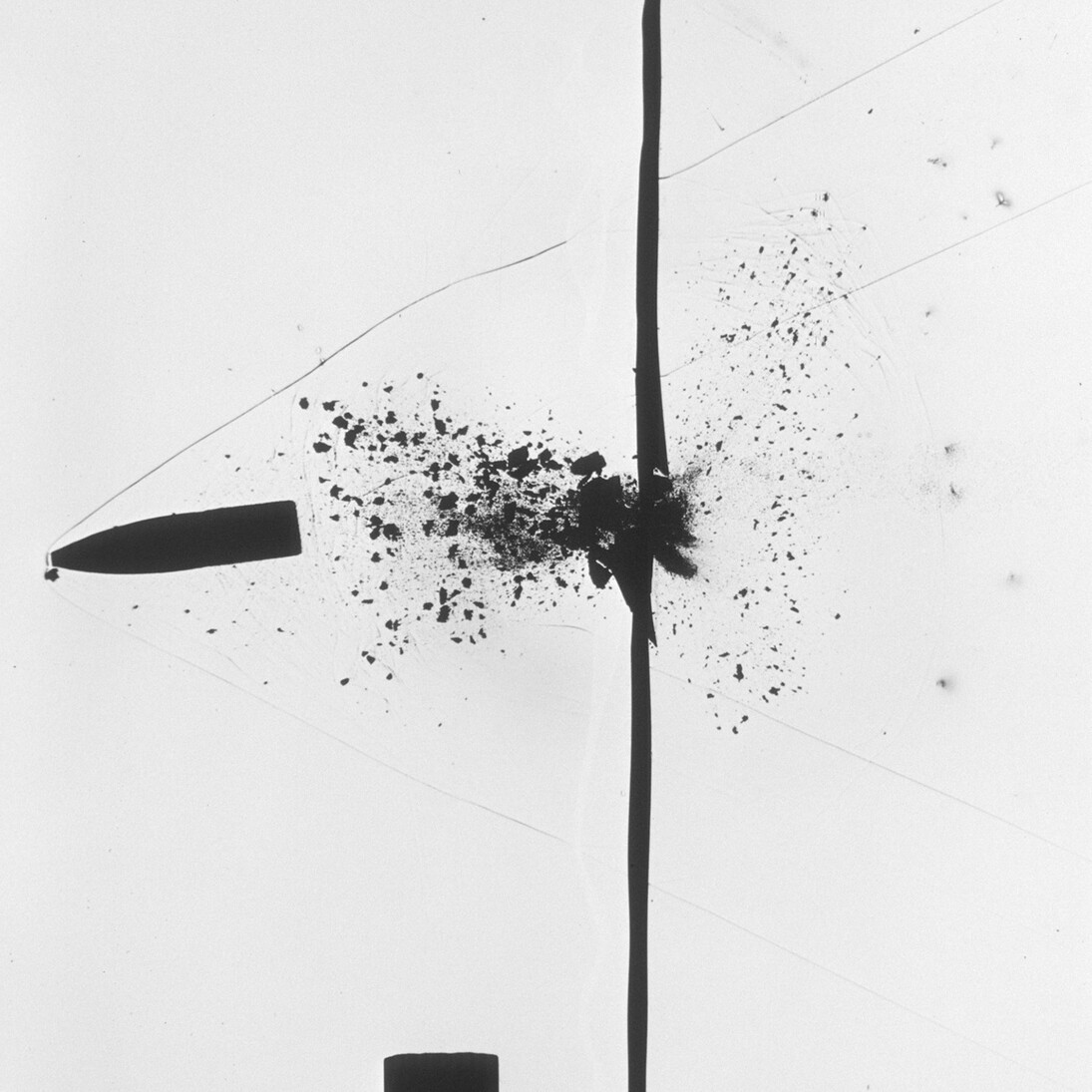 Harold Edgerton, Bullet through Plexiglas, 1963, Gelatin silver print, 43.125 x 36 inches, 109.5 x 91.4 cm. © Estate of Harold Edgerton at MIT; courtesy of Palm Press, Inc.