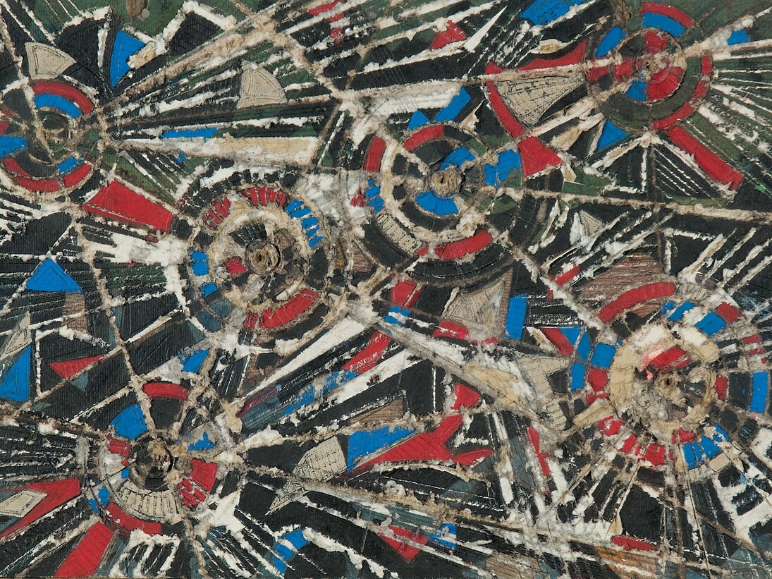 Umberto Mastroianni, Variations n.2 (B) (1978), Scratched coloured card, triptych, 42 x 98 cm, Courtesy of Il Cigno GG Edizioni