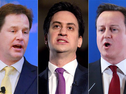 Nick Clegg (Lib Dems), Ed Miliband (Labour Party) and David Cameron (Tories)