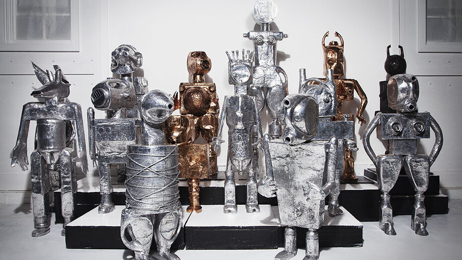 Robots and Femmebots in polished bronze and aluminum