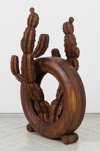 Vincent Pocsik, Tire with San Pedro cactus and cans, 2024. Courtesy of Nazarian / Curcio Gallery