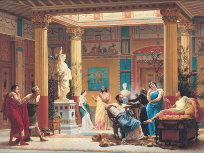 La dependencia de la esclavitud en Grecia permitió a los ciudadanos libres dedicarse a actividades como la política, la filosofía y el arte. Gustave Boulanger, Ensayo de «La flautista» y «La mujer de Diomedes» en la plaza del príncipe Napoleón, 1861