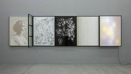 Matthias Bitzer, Leimakides (my mind is moving but my body lies still), 2013. Acrylic and ink on canvas, glass, wood, acrylic glass, neon tubes, paper. Courtesy Francesca Minini.