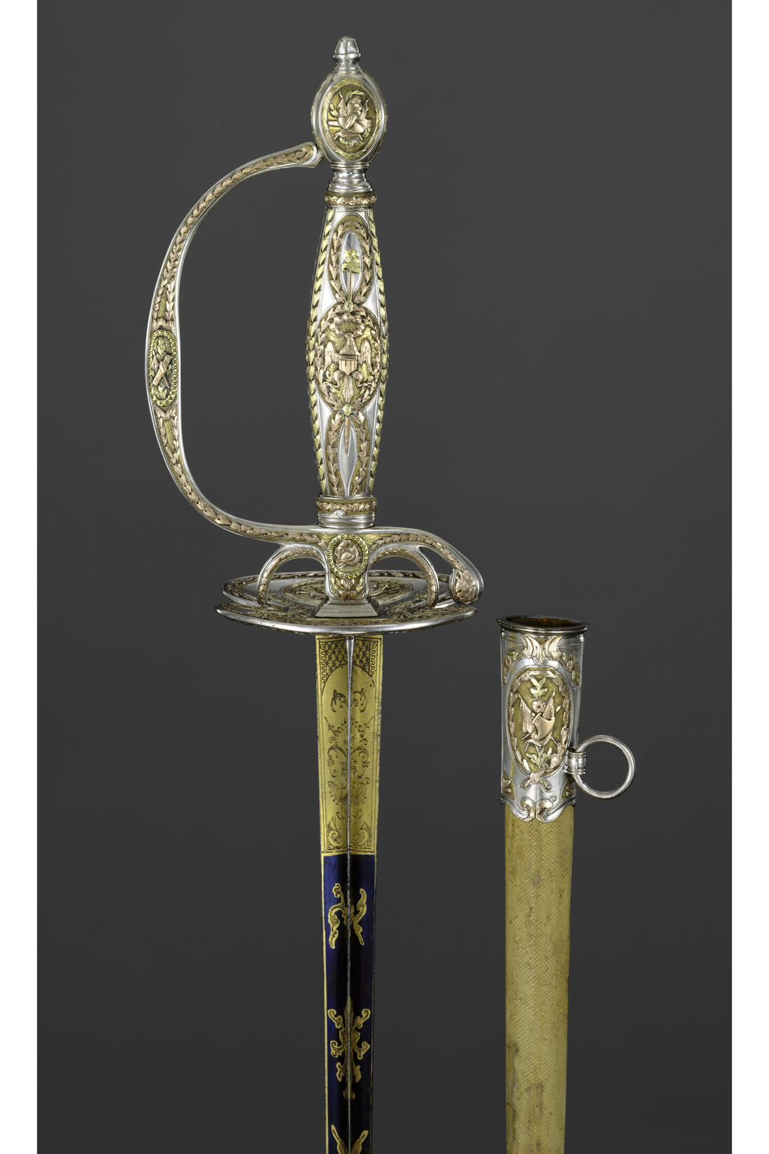 C. Liger (French, Paris, recorded 1770-93), Small sword with scabbard (detail), Congressional Presentation Sword with Scabbard of Colonel Marinus Willett (1740-1830), French, Paris, Hallmarked for 1785-86, Steel, silver, gold, Bequest of George Willett Van Nest, 1916