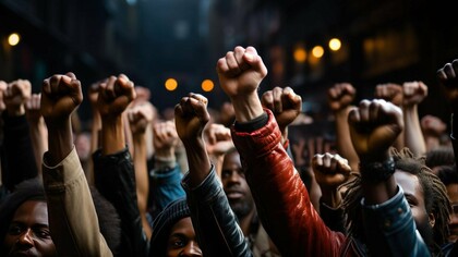 A group of people raising their hands up in protest, a show of civic engagement, collective action, and political expression