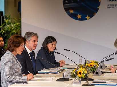 U.S. Secretary of State Antony Blinken, U.S. Secretary of Commerce Gina Raimondo, U.S. Trade Representative Katherine Tai, Executive Vice-President of the European Commission Margrethe Vestager, Executive Vice-President of the European Commission Valdis Dombrovskis, and European Commissioner Thierry Breton, Brussels, Belgium