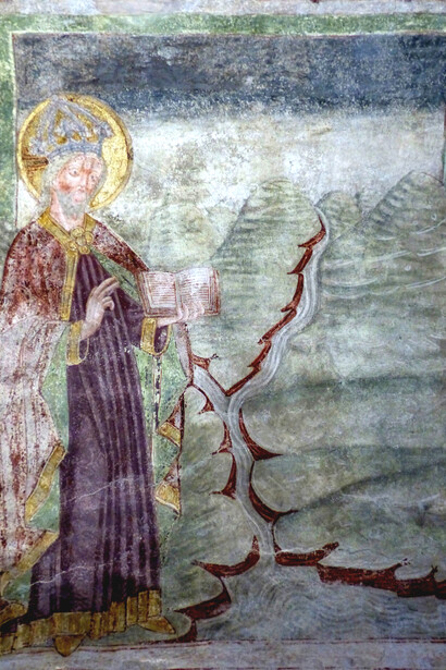 Iglesia de la Santísima Trinidad - Fresco (1475) de Juan de Kastv que muestra escenas del libro del Génesis: Dios separa el agua de la tierra. Hrastovlje, Slovenia