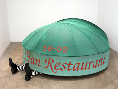 Eirc Mistretta, Happy, Healthy, You and Yours, 2015, awning, shoes, socks, resin, dimensions variable. Courtesy Scaramouche, New York