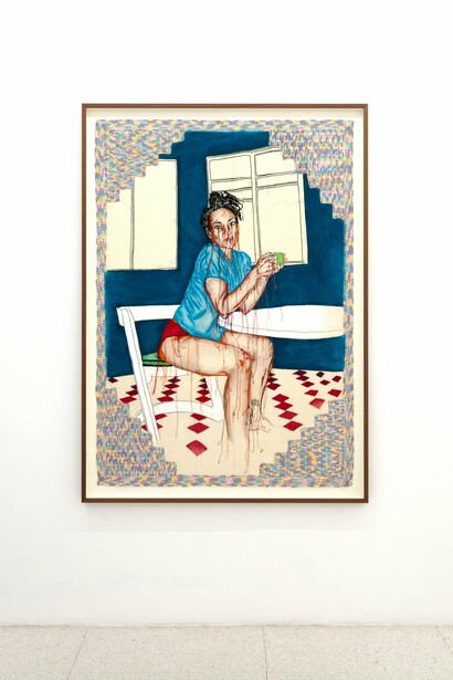 Zoe Buckman,
in full command of every plan you wrecked, 2024,
Ink, acrylic & hand embroidery on vintage textile,
62 1/2 x 46 in,.
158.8 x 116.8 cm. Courtesy of the artist and VSF