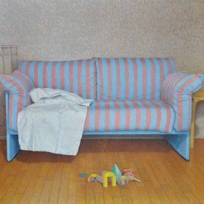 Bernardino Luino, Oggetti e divano, tempera all’uovo su tavola, cm 35,5x37, 1994-1995