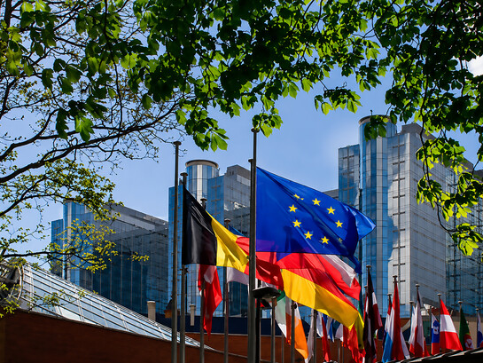 European Union flags displayed in front of the European Parliament in Brussels, Belgium